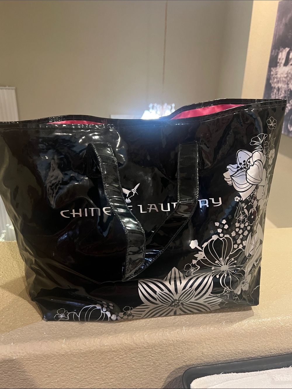 Chinese Laundry Black Floral Tote with Pink Interior